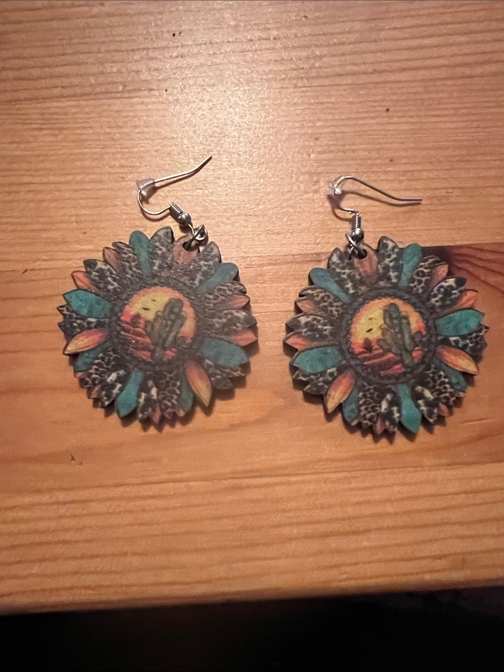 Sunflower Desert Scene Drop Earrings in Teal and Orange